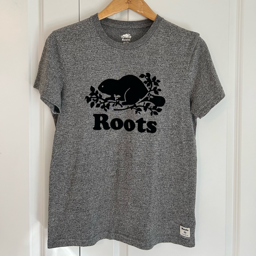 Roots logo beaver t shirt dark gray marled oversized XS